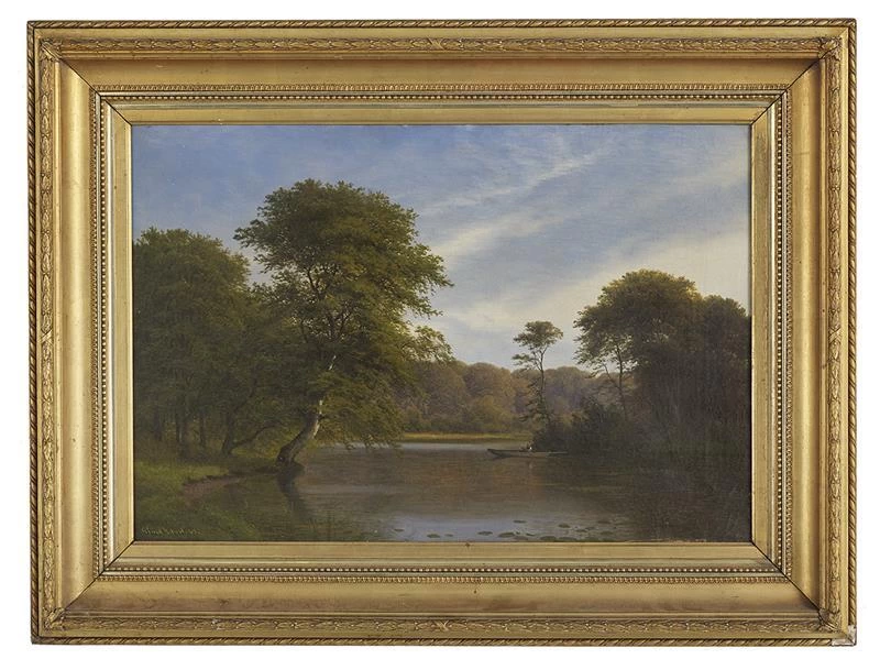 Paesaggio con fiume e canoa